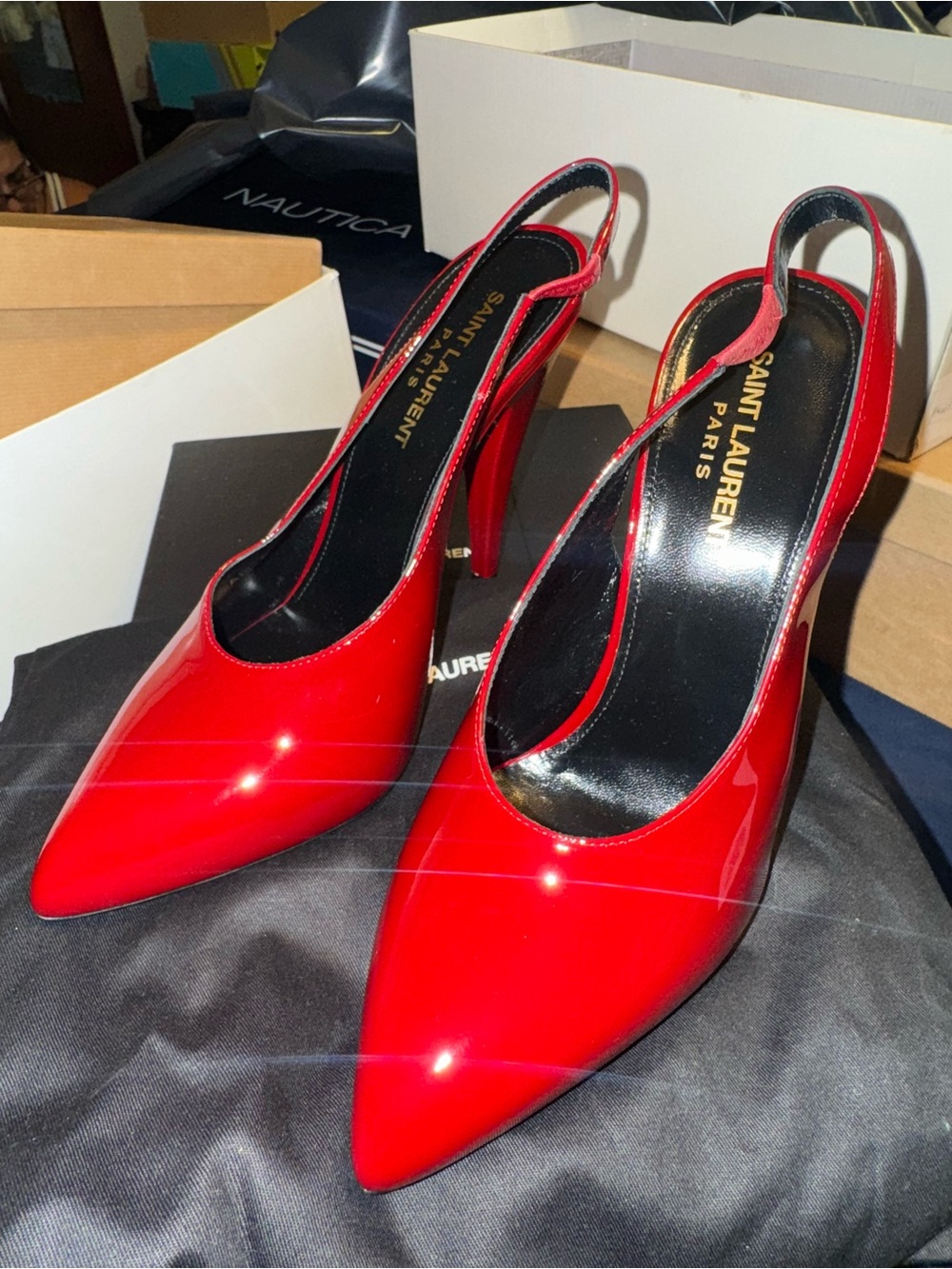 Saint Laurent Red Patent Pointed Slingback Heels also brand new never worn